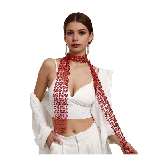 Xinwanna Women Scarf Shiny Sequin Flower Shape Hollow Design Scarf Glitter Embellished Thin Scarf Fashion Accessory (Red)