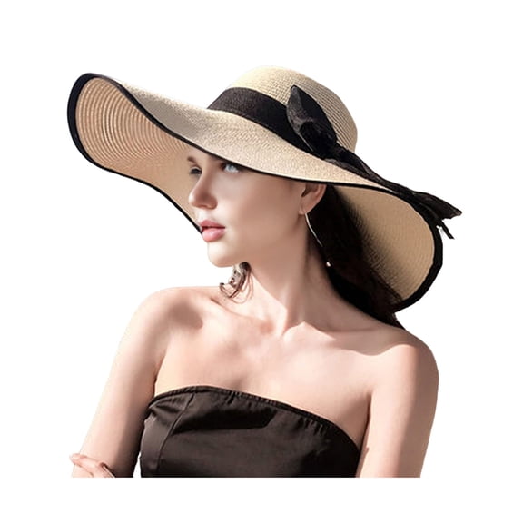 Xinwanna Women Straw Hat Wide Brim Breathable Lightweight Sun Protection Hat with Lace-up Bowknot Decor Sun Hat (Beige)