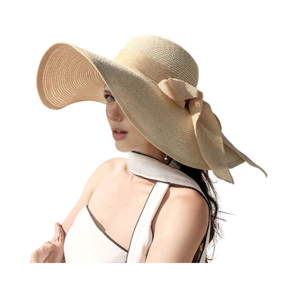 Xinwanna Women Straw Hat Wide Brim Breathable Lightweight Sun Protection Hat with Lace-up Bowknot Decor Sun Hat (Light Khaki)