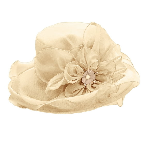 Xinwanna Women Top Hat Elegant Organza Flower Hat Wide Brim Outdoor Beach Hat Foldable Sun Hat Evening Retro Style Party Banquet Clothing Accessories (Yellow)