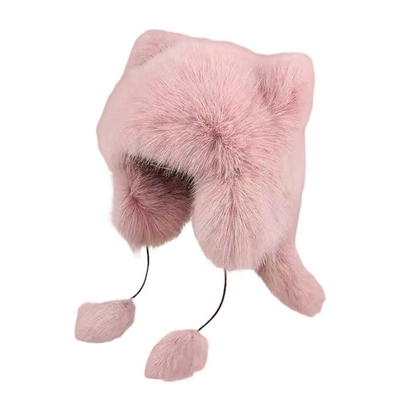 Xinwanna Women Winter Hat Thick Faux Fur Ear And Tail Decor Cartoon Racoon Solid Color Ear Protecting Windproof Lei Feng Cap for Skiing Snowboarding Hiking (Pink)