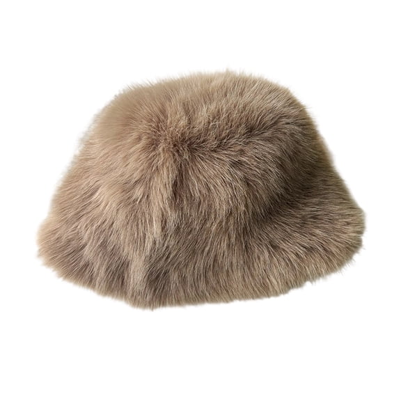 Xinwanna Women's Fuzzy Faux Fur Bucket Hat Winter Plush Furry Ladies Hat Fluffy Sherpa Fisherman Cap for Cold Weather (Dark Khaki)
