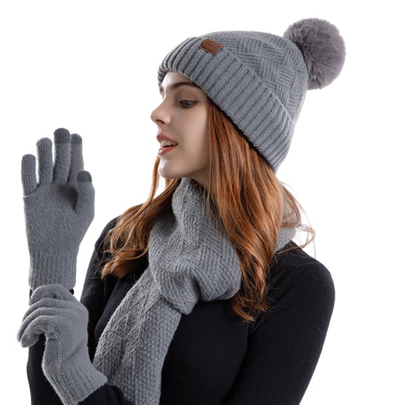 Xinwanna Women's Winter Hat Scarf Gloves Set Faux Fur Pompom Ball Knitted Cap Long Scarf Touch Screen Gloves Set for Cold Weather (Grey)