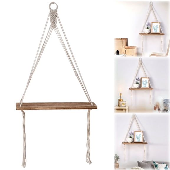 Xinyat Macrame Hanging Shelves Boho Wall Decor Set of 2 Rustic Wood Floating Storage Shelf for Bedroom Bathroom Living Room Nursery Dorm Room, Display Shelving for Hanging Plants Photos