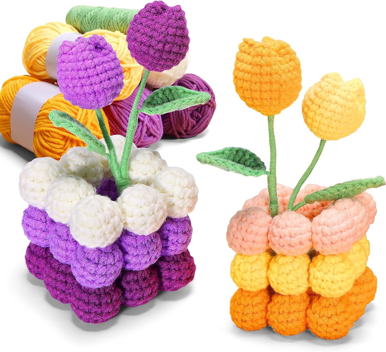 Xinyi Beginner Crochet Kit with Hook - 2 Pcs Tulip Potted Plants, DIY Knitting Supplies with Tutorials for Adults