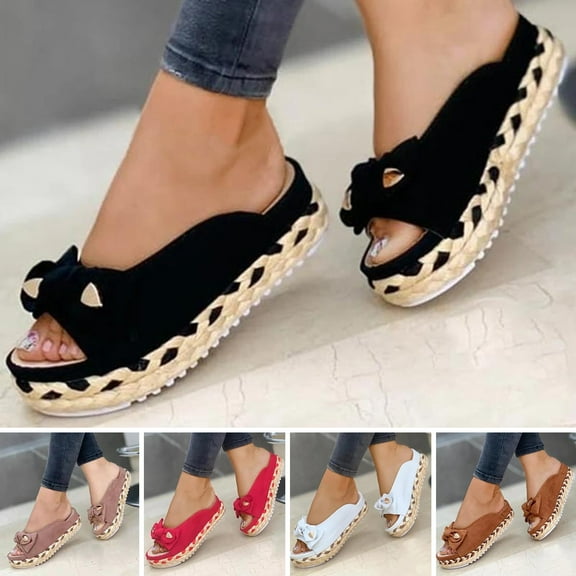 Xinyolin 1 Pair Braided Straps Round Toe Slip-on Casual Sandals Bowknot Decor Platform Women Slippers for Daily Life