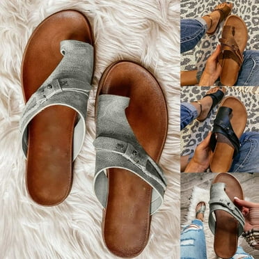 Xinyolin 1 Pair Slip-on Open Toe Beach Sandals Faux Leather Retro Bohemian Clip-Toe Flat Slippers Walking Shoes