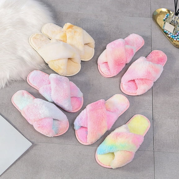 Xinyolin 1 Pair Women Slippers Colorful Plush Non-slip Deodorant Anti Skid Keep Warm Winter Cross Fluffy Slippers for Home