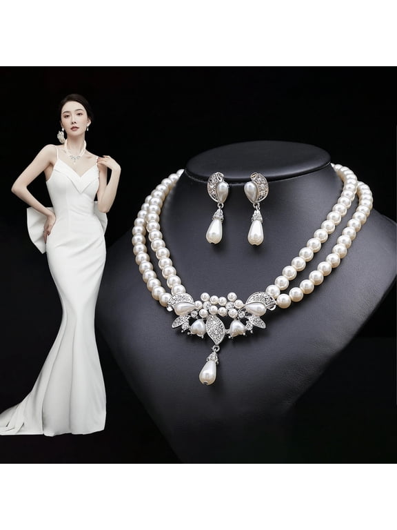 1 Set Bride Necklace Double Layer French Style Vintage Elegant Gift Hypoallergenic High Gloss Faux Pearl Women Earrings Wedding Jewelry