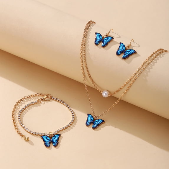 Xinyolin 1 Set Dual Layers Butterflies Necklace Elegant Earrings Rhinestone Inlay Bracelet Jewelry Kit Fashion Accessories Gift