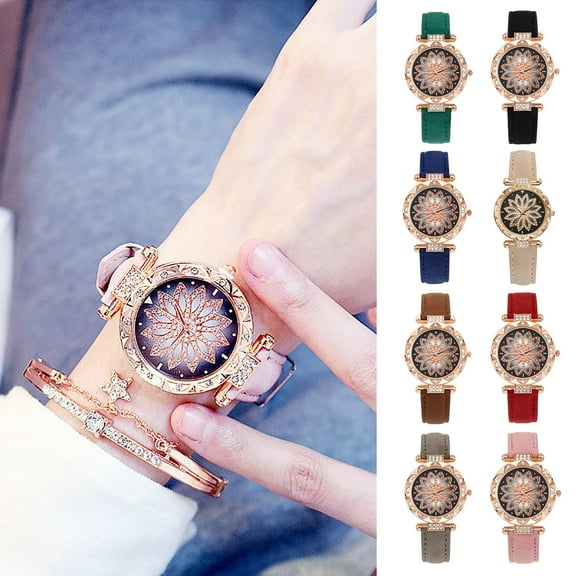 Xinyolin 1 Set Quartz Watch Bangle Kit Rhinestone Pointer Display Adjustable Precise Time Luxury Women Starry Sky Watch Bracelet Set School Supply