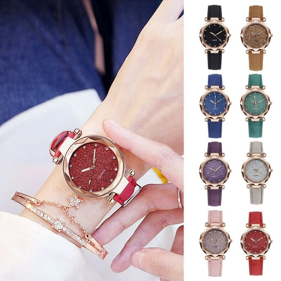 Xinyolin 1 Set Quartz Watch Round Dial Rhinestone Inlay Soft Strap Rich Color Optional Wrist Wear Fashion Ladies Casual Watch Bracelet Two-Piece Set Birthday Gift