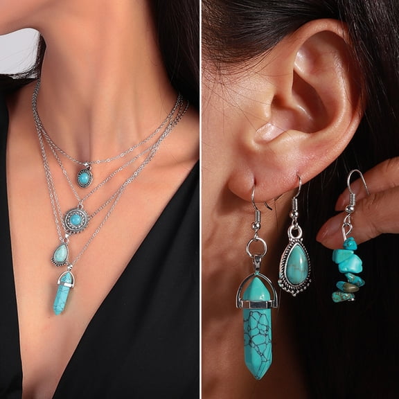 Xinyolin 1 Set Statement Necklace Ethnic Retro Waterdrop/Hexagon Prism Faux Blue Turquoise Natural Stone Hoop Earrings Kit Fashion Jewelry