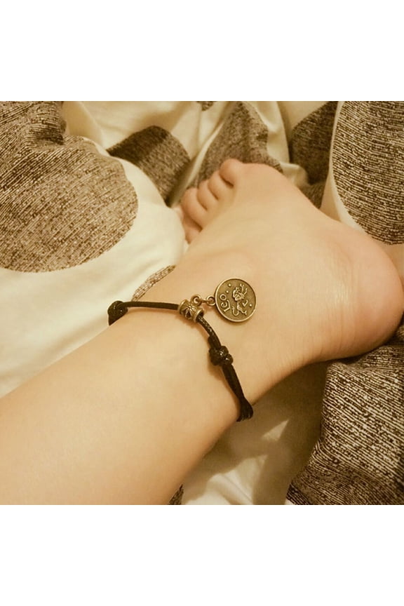12 Constellations Round Charm Faux Leather Rope Anklet Foot Chain Ankle Bracelet
