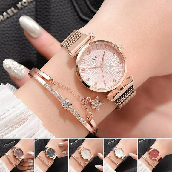Xinyolin 2Pcs/Set Women Watch Bracelet Kit Round Dial Numerals Pointer Shiny Accurate Decorative Gift Ladies Quartz Wristwatch Rhinestone Bangle for Daily Life