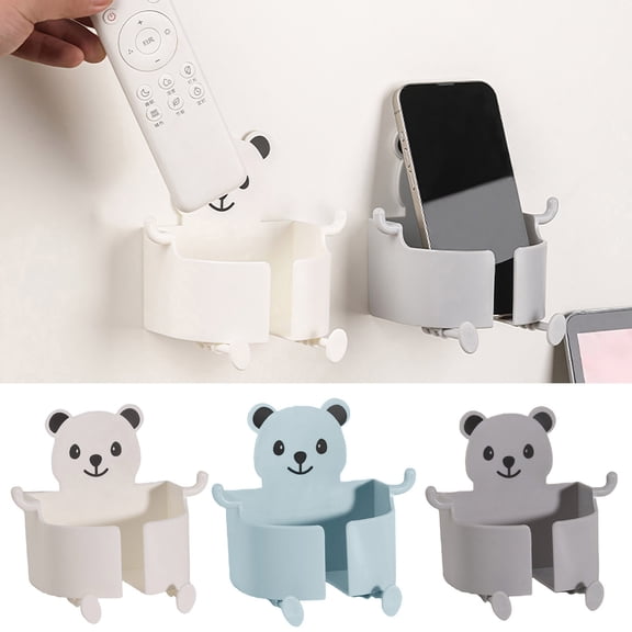 Xinyolin Bedside Phone Charging Storage Bracket Wall Mounted Self-adhesive Punch-free Anti-slip Cartoon Bear Shape with Multi Hooks Phone Holder Organizer