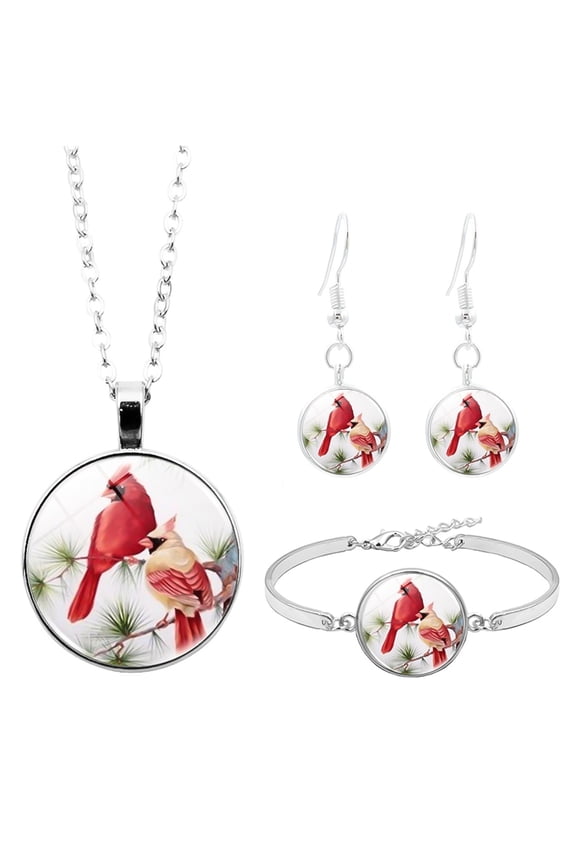 Bird Glass Cabochon Pendant a 3Pcs Women's Set