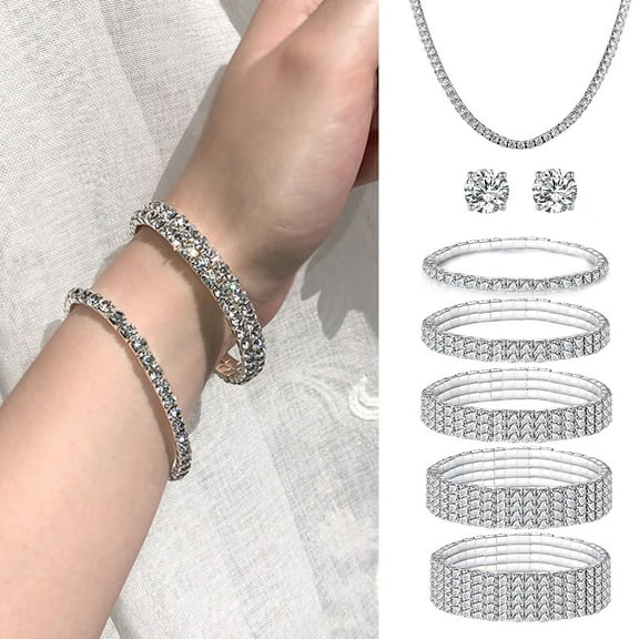 Xinyolin Bracelet Necklace Earrings Elegant Shiny Rhinestones Multi-layer Geometric Sparkling Decorative Gift Women Bangle Necklace Ear Studs Wedding Jewelry Fashion Accessory