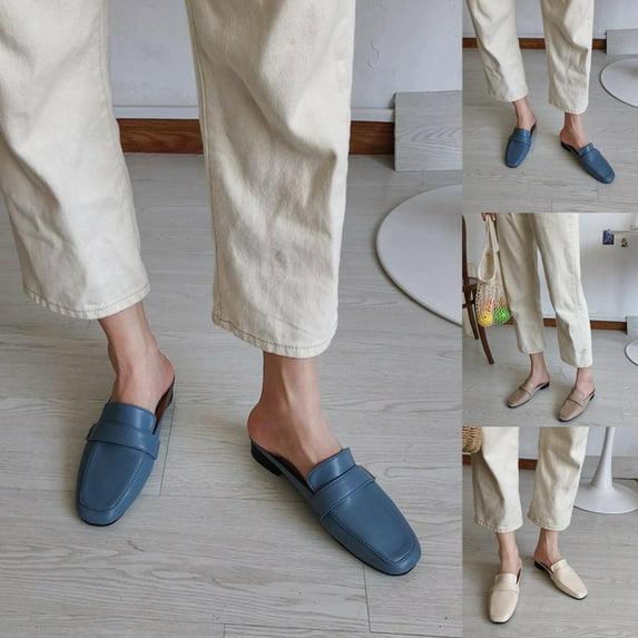 Xinyolin Casual Women Faux Leather Low Block Heel Mules Loafers Slip-on Shoes Slippers