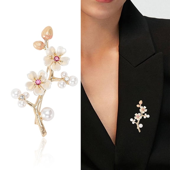 Xinyolin Elegant Plum Blossom Shape Brooch Shining Rhinestones Faux Pearls Decor Pin Dress Suit Lapel Badge Coat Accessories