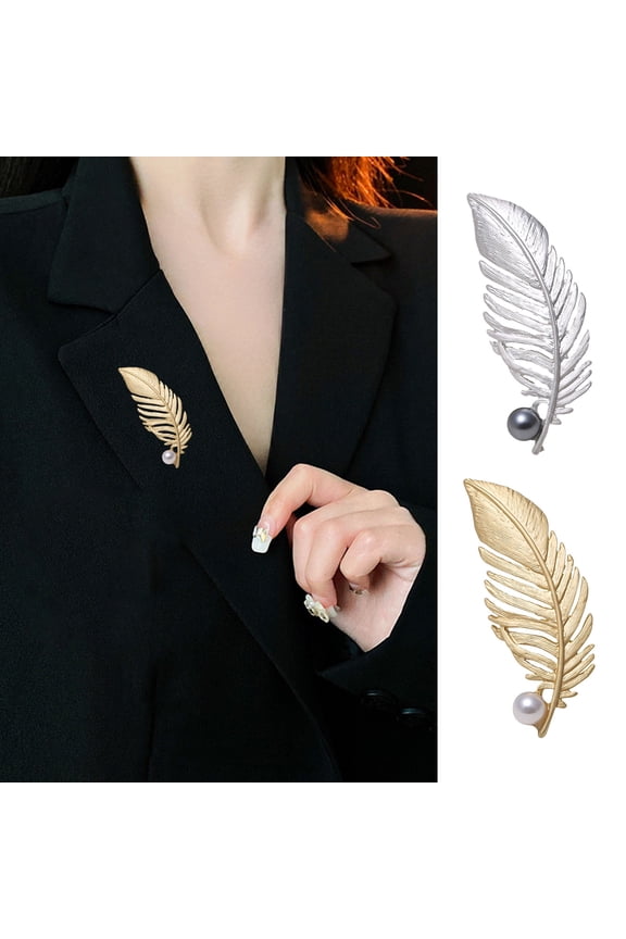 Faux Feather Shape Faux Pearl Decor Brooch Matte Electroplating Retro Shawl Coat Pin Fashion Accessories