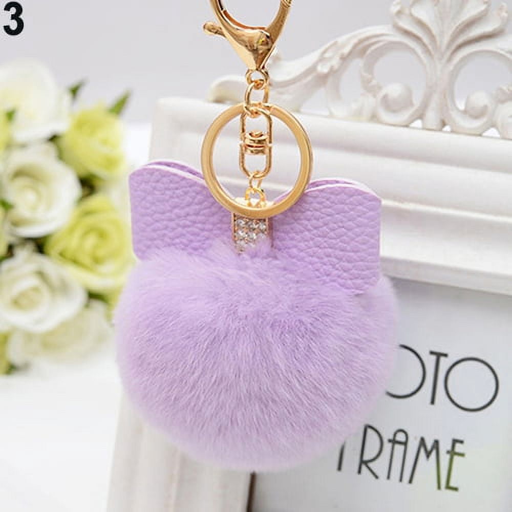 COENVYLIV Fluffy Pom Pom Keychain - Faux Rabbit Fur Ball With Elf Hat, Cute Car Key Decor For Women & Girls