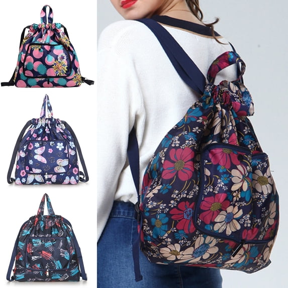 Xinyolin Foldable Flower Print Nylon Drawstring Waterproof Large Capacity Backpack Handbag for Shopping