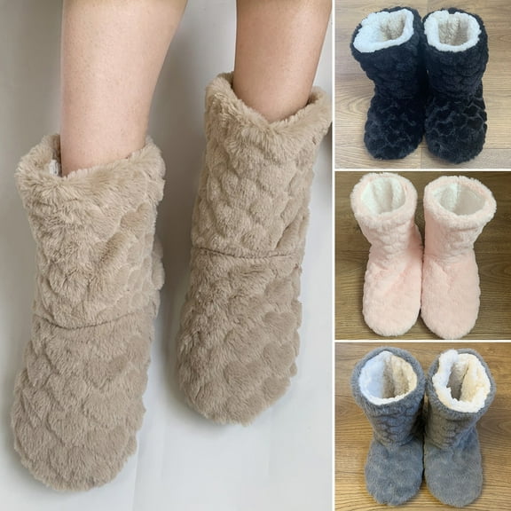 Xinyolin Home Slippers Non-slip Jacquard Technology Furry Calf Length Thickening Keep Warm Adult Mid-Tube Winter Plush Slippers for Indoor