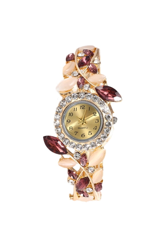 Luxury Rhinestone Leaf Round Dial Analog Open Bracelet Quartz Wrist Watch Women's