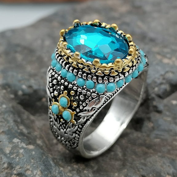 Xinyolin Men's Blue Rhinestone Ring - Faux Turquoise Vintage Wedding Band