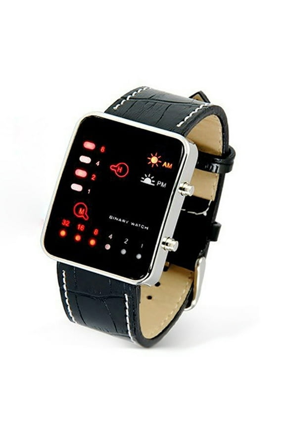 Men's Fashion Sports Digital Binary LED Display Faux Leather Strap, Wrist Watch