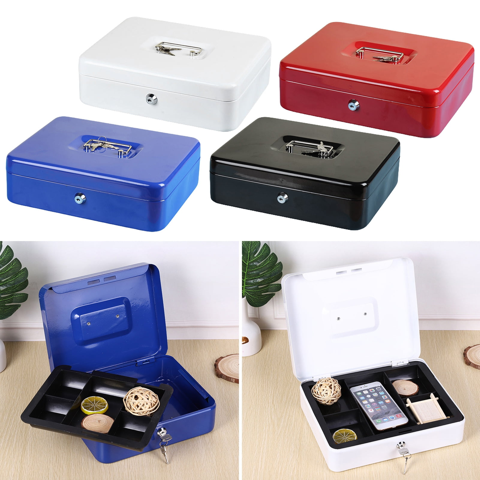 Xinyolin Metal Money Box with Lock And 2 Keys Fireproof Cash Safe Box Anti-theft Shockproof Secure Multi Compartments Storage Valueable Things Deposit Tin