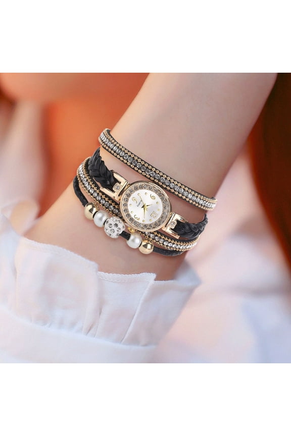 Multi Layers Wrap Around Quartz Watch - Rhinestone Braided Elegant Bracelet Watch