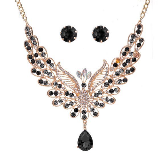 Xinyolin Retro Multicolor Rhinestone Hollow Peacock Bib Necklace Ear Studs, Jewelry Set