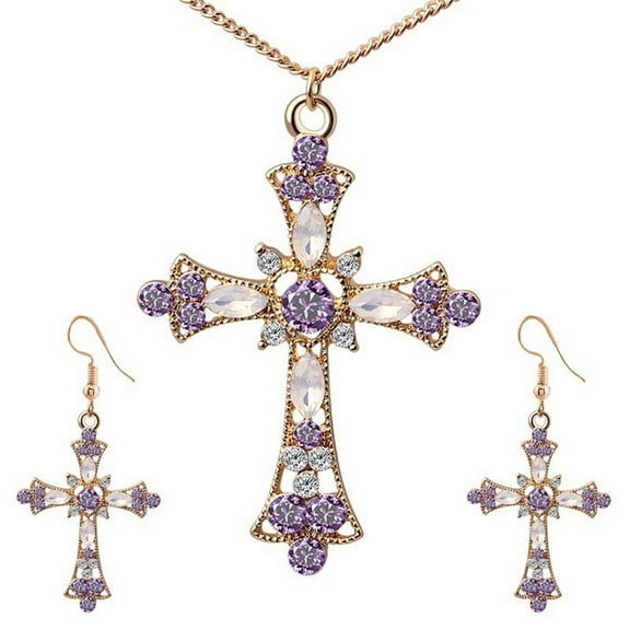 Xinyolin Rhinestone Inlaid Cross Pendant Necklace - Hook Earrings Jewelry Set