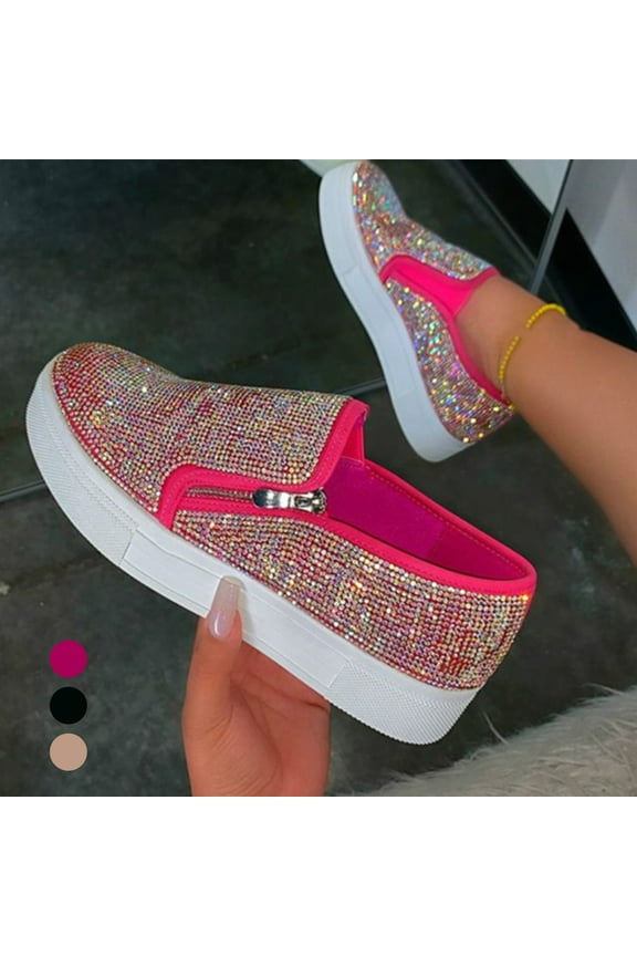 Stylish Women Slip On Shiny Rhinestone Zipper Platform Shoes Low-cut Sneakers