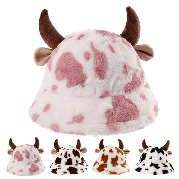 Xinyolin Warm Hat Cow Texture All-match Flannel Unisex Plush Bucket Hat for Outdoor