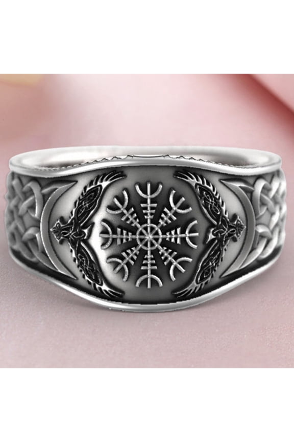 Wide Silver Color Alloy Eagle Compass Carved Ring - Men's Jewelry Accessory