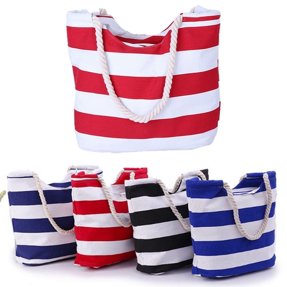Xinyolin Women Beach Bag Rope Handle Waterproof Large Capacity Canvas Colorful Strip Tote Handbag Vacation Use