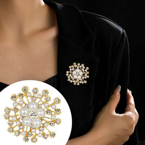 Xinyolin Women Brooch Faux Pearl Shiny Rhinestone Decor Snowflake Shape Hollow Out High-end Luxury Stainless Clothes Decoration Lady Clothes Pin