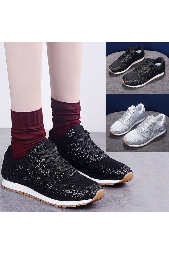 Women Casual Breathable Sequin Rhinestone Shiny Platform Sneakers Walking Shoes