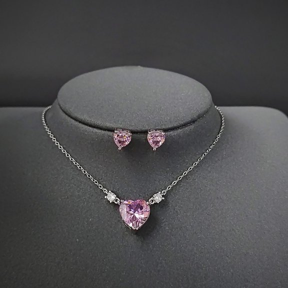 Xinyolin Women Earring Necklace Set Pink Rhinestone Heart Shape Pendant Stainless Ear Neck Decoration Jewelry Prom Wedding Party Jewelry Set
