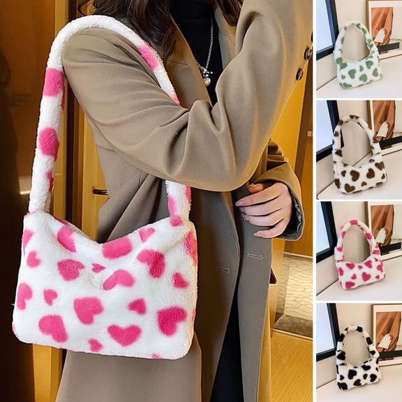 Xinyolin Women Handbag Soft Fluffy Faux Fur Plush Top Handle Gift Fuzzy Love Heart Print Single Shoulder Bag Dating Use