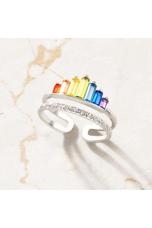Women Rainbow Open-end Crown Ring Adjustable Double Band Circlet Jewelry Gift