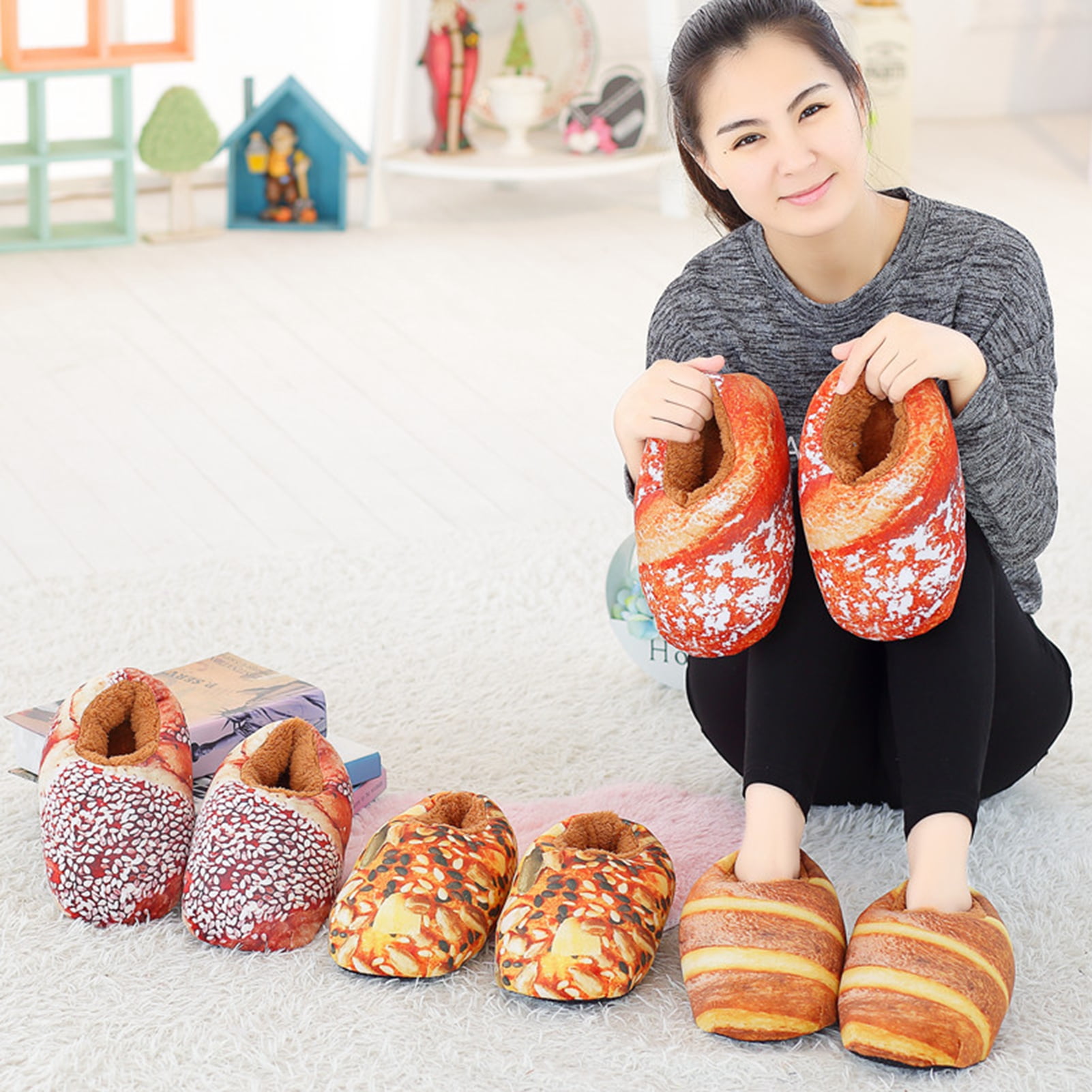 Xinyolin Women Simulation Bread Slippers Fashion Family Party Indoor Winter Warm Shoes