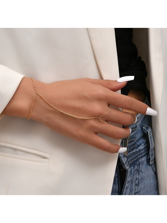 Women's Bracelet - Ring Integrated Alloy, Retro Hand Chain, Boho Beach Jewelry, Ideal for Anniversary Gifts