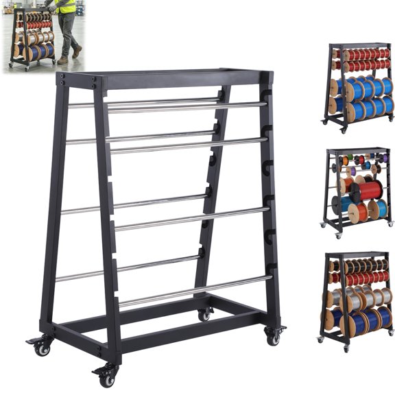 Xinyuert 8-Rod Wire Spool Rack with Locking Wheels Adjustable Spool Rods Heavy-Duty Steel Cable Dispenser Trolley Cart 400 lb Capacity