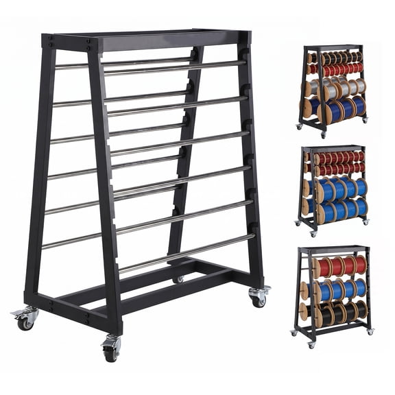 Xinyuert Wire Spool Rack 12-Rod Adjustable Cable Dispenser Spools Cart Alloy Steel Frame with 360 Locking Wheels 220lbs Capacity (Black 33.7inches-H)