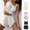 thumbnail image 1 of Xioeram 2 Pcs/Set Women Summer Pajama Set Backless Sleeveless Spaghetii Strap Lace Pleated Vest Elastic Waist Shirring Shorts Camisole Set Sleepwear Daily Loungewear, 1 of 8