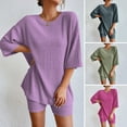 thumbnail image 1 of Xioeram 2 Pcs/Set Women T-shirt Shorts Set Round Neck Half Sleeve Loose Top Slim Fit Stretchy Short Pants Casual Homewear Sport Clothes Summer Tracksuit, 1 of 8